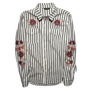 Driftwood Green Striped Blouse with Embroidered Roses –‎ 100% Cotton – Size M